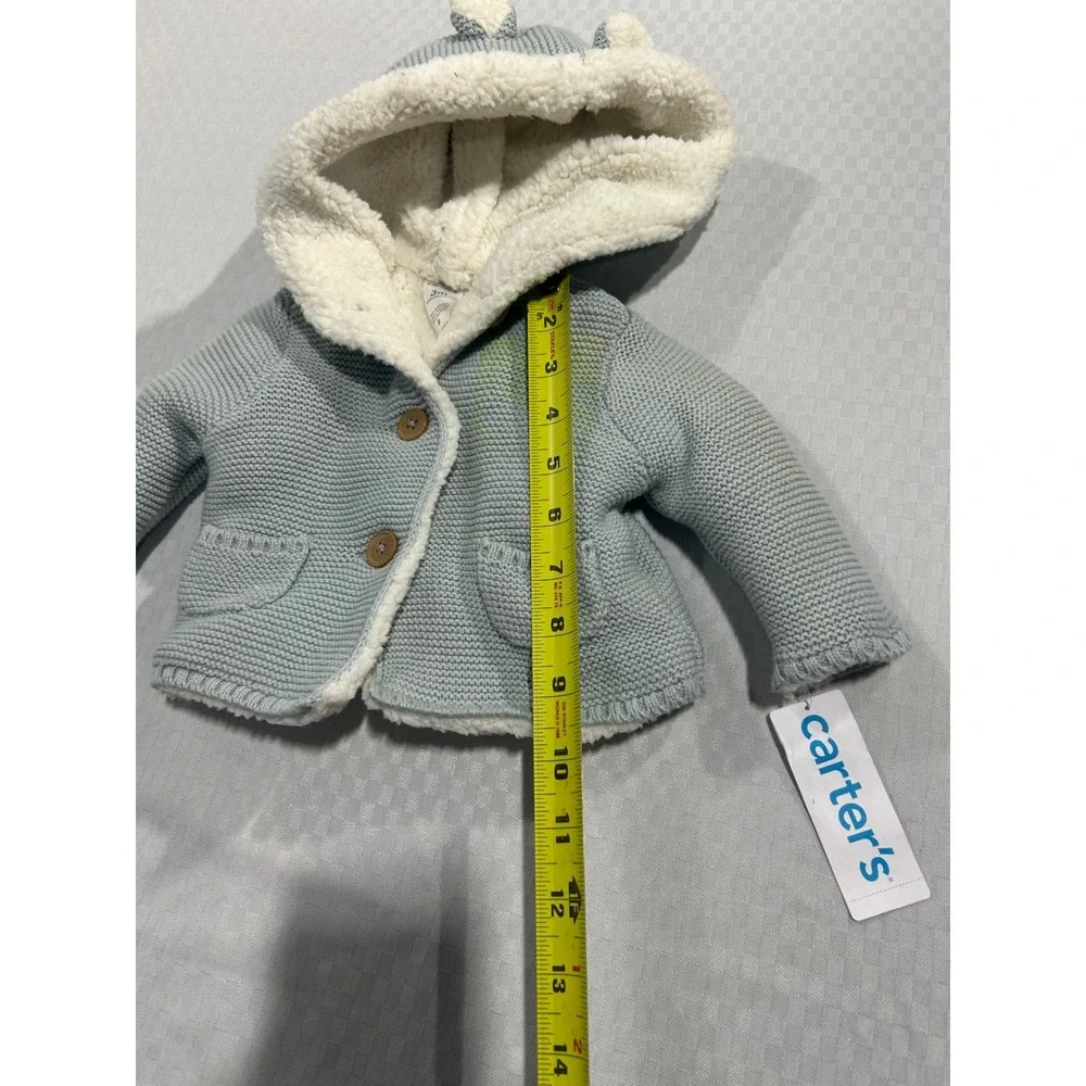 Carters Baby Boy Blue Sherpa Lined Knit Hooded Cardigan Sweater Bear Ears 3M